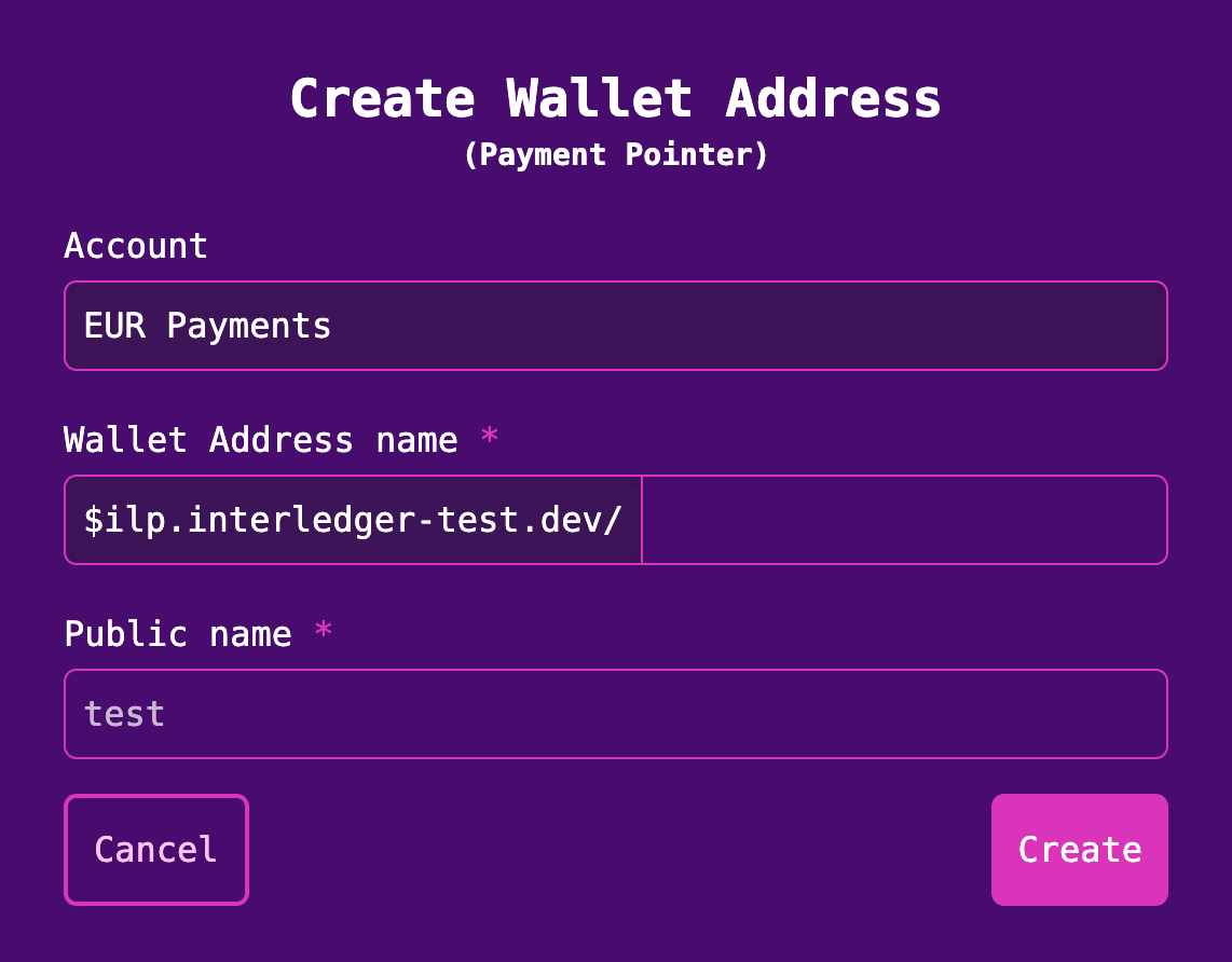 Create wallet address screen with fields for wallet address name and public name